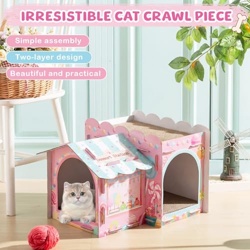 Lineshading 2 Story Cardboard Cat House with Scratcher Pad, Multi Level Durable Cat Scratcher House for Small Kitten Bunny Rabbit Animals Christmas Birthday Gift(17x12x10,Confectionery) - style: Confectionery