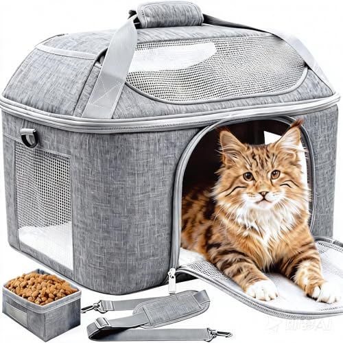 Soft-Sided Cat Carrier,Pet Bag with Padded Shoulder Strap (Up to 20 Lbs) | Animal Crate for Medium Kitten Puppy, Portable design for transport small dogs,Washable Cloth Carry Bag Home Car Travel, Grey