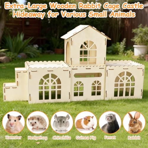 BWOGUE Extra Large Wooden Rabbit Castle, Bunny House Two Tiers with Stairs | Wooden Bunny Hideout, Rabbit Houses and Hideouts, Natural Pine Wood, Detachable Build, Two Doors, Guinea Pigs & Rabbits - style: 4 House and 1 Ladder