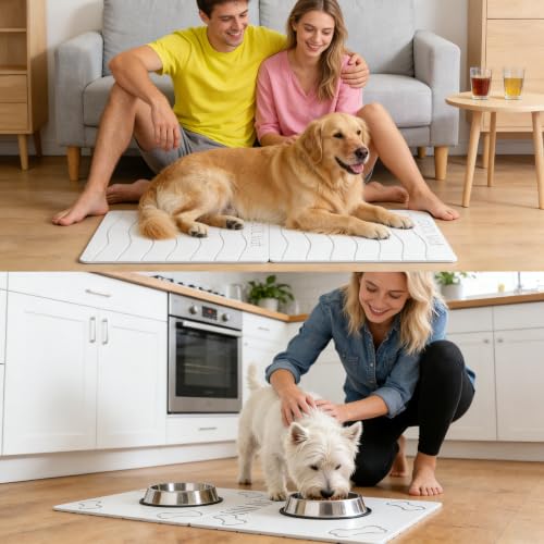 Double-Side 2 in 1 Stone Pet Food Mat & Cooling Mat (31"*16") | Instant dry water absorbing Diatomite Stone Dog Bowls Drying Mat & Heat dissipating Pet Cooling Mat. Bite-Proof & Non-slip. - color: WHITE, size: 31"*16"