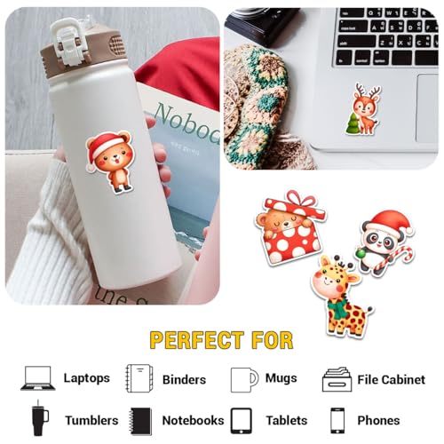 12 Pcs Cute Christmas Animal Stickers, Holiday Decals Featuring Bear, Panda, Fox, Tiger, Giraffe, Deer, Monkey, Bunny in Santa Hats, Festive Stickers for Kids, Gifts, Laptop, Bottle, Notebook 2 Inches - color: Animal, size: 2 Inches