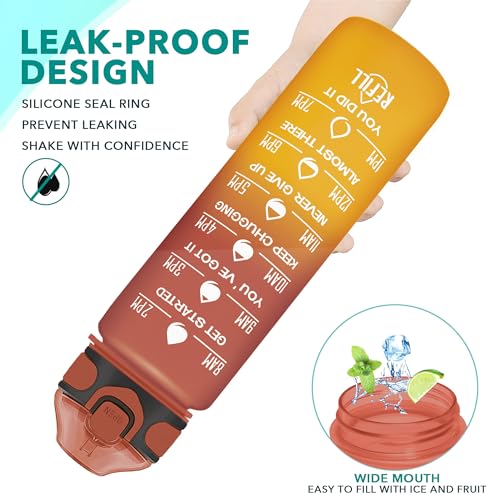 Enerbone 32 oz Drinking Water Bottle with Times to Drink and Straw, Motivational with Carrying Strap, Leakproof BPA & Toxic Free, Ensure You Drink Enough Water for Fitness Gym Outdoor - color: Amberglow