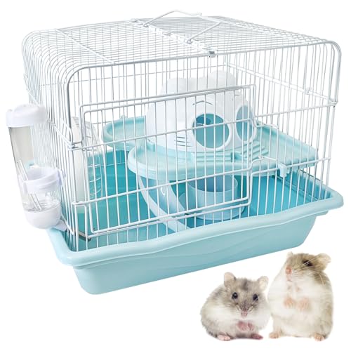 PINVNBY Dwarf Hamster Cage, Small Animal Cages, 2-Tier Travel Portable Mouse Cage Hamster Carrier with Castle House Running Exercise Wheels, Water Bottle and Food Dish（Blue） - color: Blue, size: L: 13.78x10.23x11.02in