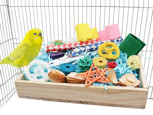 Jinkoozz Bird Foraging Toys Box, Wooden Parrot Shredding Toys Box, Bird Chewing Toys, Birdcage Accessories, Suitable for Small Birds Parakeets Cockatiels Love Birds Conures
