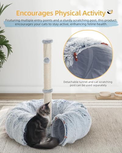 Aechonow 3-in-1 Cat Tunnel Bed, 34'' Cat Scratching Post for Indoor Cats | Fluffy Peekaboo Donut Hideout Toy for Pets, Rabbit, Ferret