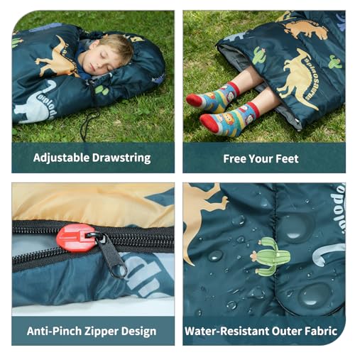 Kids Sleeping Bags - Camping Sleeping Bags with Carry Bag - Compact Sleeping Bag for Hiking, Backpacking 3 Season Warm & Cool Weather, Lightweight Waterproof Outdoor Travel for Boys Girls - color: Green Dinosaur