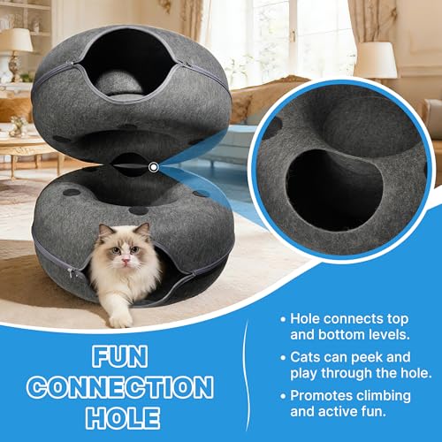 2-Level Detachable Large Cat Tunnel Bed for Indoor Cats, Scratch-Resistant Felt Donut Cat Cave, Supports Up to 30 lbs, Peekaboo Cat Tube (Dark Grey, L 24 x 24 x 22 in)