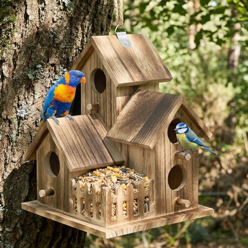 Bird House for Outside, Outdoor 3 Hole Bird House Room Bluebird Finch Wooden Hanging Birdhouse Handmade Wooden Hummingbird-House for Garden,Courtyard, Backyard Bluebirds, Finches, Cardinals