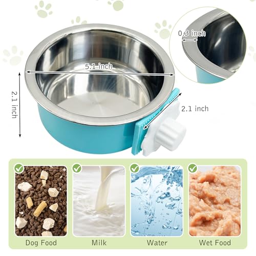 Tfwadmx 6 Pcs Crate Dog Bowl Cat Removable Stainless Steel Food and Water Feeder Hanging Cage Bowls Coop Cup with Cleaning Set for Pet Puppy Bird Rat Guinea Pig Ferret Bunny Rabbit - color: navy,blue,yellow,orange,pink,green (6 PCS)