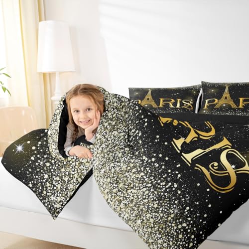 Erosebridal 3 Pcs Eiffel Tower Comforter Set,City Building of Paris Quilted Comforter King Size,Gold Yellow Ombre Glitter Bedding Set with 2 Pillow Cases - color: Multi 30, size: King
