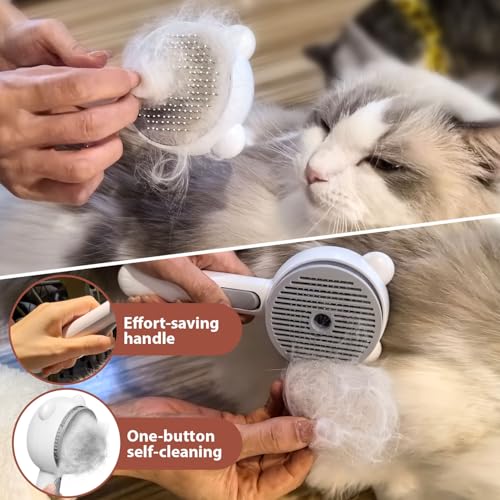 Cat Steam Brush with 2 Spray Levels & Release Button 4-in-1 Cat Water Brush | for Shedding Grooming, Pet Hair Removal Comb for Long Short Haired Cats Dogs, IPX7 Waterproof Self Cleaning Slicker Brush - color: White with Handle