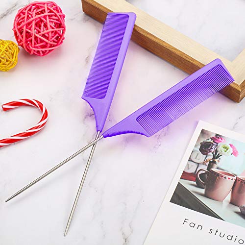 Leinuosen 3 Pack Rat Tail Comb Carbon Fiber,Purple | Steel Pin Tail for Sectioning, Heat Resistant Teasing, Pick Comb for Women Wig Styling, Fishtail Design for Salon Updos - color: Purple