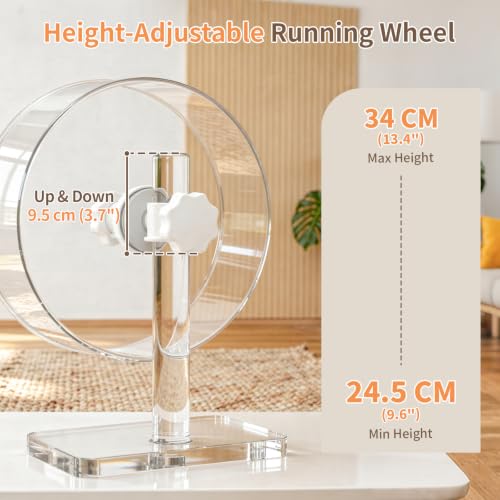 9.5" Silent Hamster Wheel - Clear Running Wheel | 9.5" compact size, easy-clean flat runway, quiet dual bearings, heavy-duty stable base, adjustable stand - size: 9.5"L x 5.0"W x 13.0"H