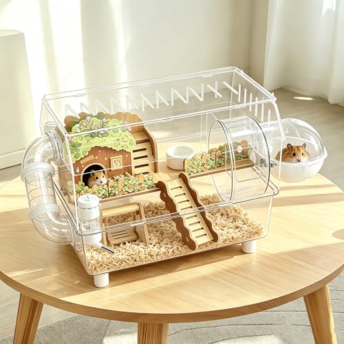 Acrylic Hamster Cage 2 Tier 23 Inch with Transparent Base | All Accessories Included, Large Silent Dwarf Hamsters Wheel, Tunnel Enclosure, Wood Hideout, Swings for Gerbils Mice