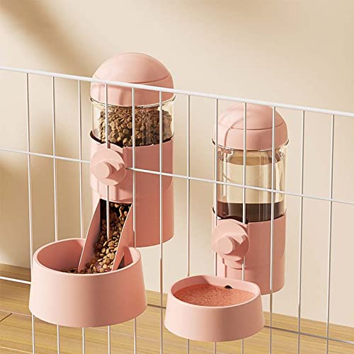 Pet Dog Cat Hanging Automatic Feeders Drinking Bowls, Auto Gravity Rabbits Feeder Water Set, Cage Pet Feeding Bowls Dispenser for Cats Dogs Puppy, Rabbit Hamsters Chinchilla Hedgehog (Pink-Food) - color: Pink-food