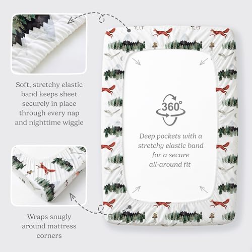 Pack and Play Sheets Fitted, Mini Crib Sheets for Graco Pack N Play Playard (38x26), Ultra Soft Organic Cotton Blend, Safe & Snug Playpen Mattress Sheet for Baby Boys & Girls – Starry Woodland, 2-Pack - color: Woodland Forest Animals