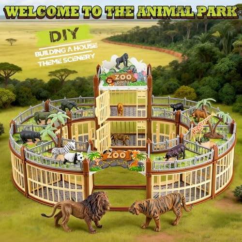 Complete 248PCS Animal Playground Set with 14 Realistic Wild Animals – Build Your Own Animal Park, Interactive Playset with Openable Fences & Battle Station, for Boys Girls Kids Toddlers 3-8 (Brown) - color: Brown