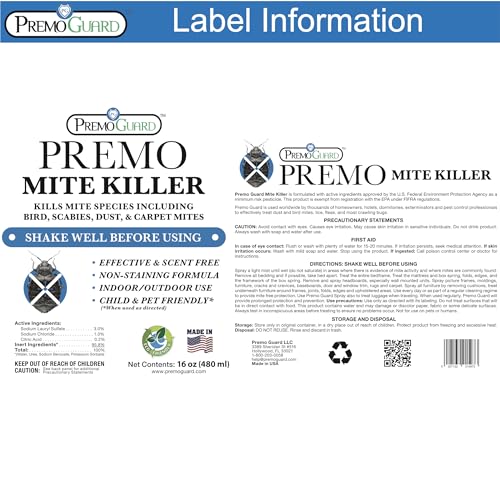 Premo Guard Natural Mite Spray, Kills Dust, Bird, Carpet, and Other Mites | Plant Based Treatment For Spider, Rat, Human Sabbies Mites, Safe For Families, Pet, Home, Bedding & Furniture - size: 16 Fl Oz (Pack of 1)