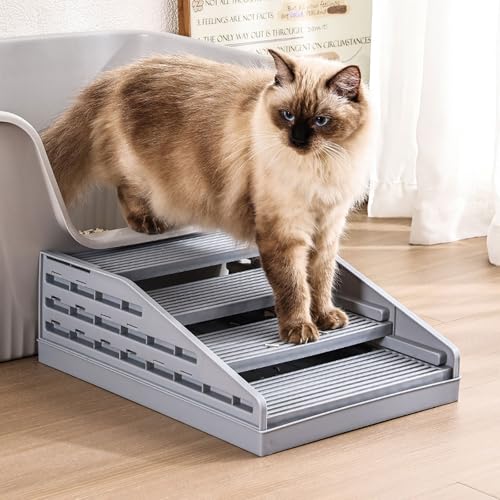 Litter Box Step Cat Ramp Litter Catcher for Cat Litter Boxes Height Adjustable Litter Mat for Small and Senior Cats Washable Water-Proof - Grey
