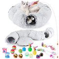 Cat Tunnel Bed with 20 Pcs Interactive Toys, 3-in-1 DIY Collapsible Plush Cat Tube with Washable Mat, Large Indoor Play Tunnel Cave for Kittens and Small Animals - color: Off-white