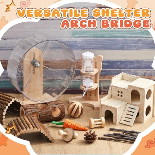 18 Pcs Hamster Cage Accessories, Silent Hamster Wheel 15 Toys Set | Maze Wood House and Water Bottle Set for Rat Mice Small Animals Habitat Decor Enrichment Starters(Natural Log Style) - style: Natural Log Style