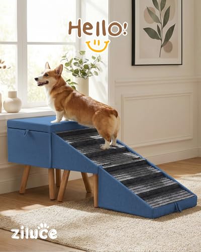 Dog Ramp for Bed & Couch, Dog Stairs 21.06 inches High for Large/Medium/Small Doggie, Foldable 2 in 1 Wooden Pet Steps for Puppy Older and Injured Dogs, Split Ottoman Design, No-Slip Surface - size: 21.06" H-Blue