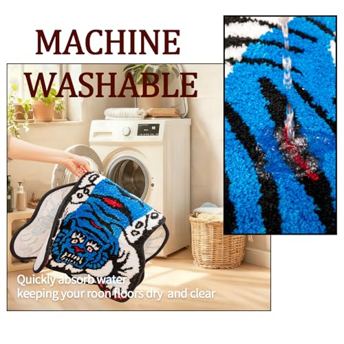 Tibetan Tiger Rug, Blue Tiger Bath Mat Fun Animal Bathroom Rug | 24 x 40 In, Soft Plush Pile, Non-Slip Backing, Washable, Irregular Shape, Bedroom and Living Room Floor Accent - color: Blue