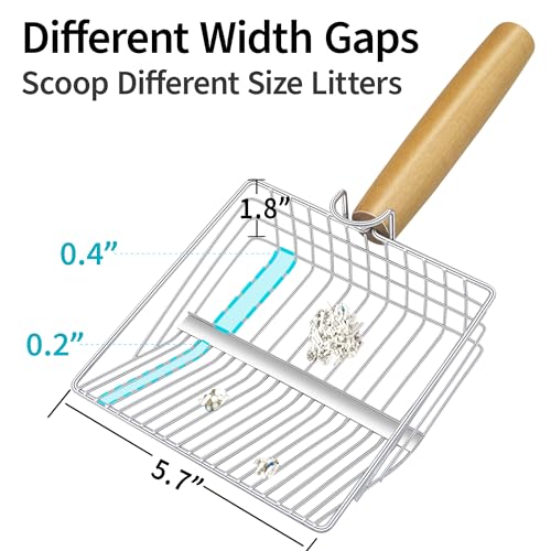 UFECODO Fast Sifting Cat Litter Scoop with Holder Stand, 2 Widths of Slots Stainless Steel Poop Scooper with Ergonomic Wood Handle, Heavy Duty and Easy Clean - size: 0.2&0.4inch gap