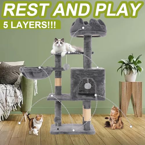 Cat Tree Tower with Hammock,40" Cat Trees for Indoor Cats Large Adult(Grey) | Modern Cat Tree Tower with Scratching Post, Cats Condo Furniture with Cloud Top Perch, Cats Climbing Tower for Kittens - color: Grey