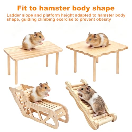 4 Pcs Hamster Platform Wooden Tunnel Ladder Hidden Play House Hamster Game Climbing Toy with Platform, Versatile Hideout & Exploration Tunnel with Ladder for Dwarf Syrian Mice Degus Gerbils Squirrel A - color: L