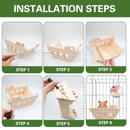 Natural Wood Chinchilla Toy Hammock for Cage Swing, Hamster Bed Hanging Wooden Toys,Indoor Chinchilla Habitat Swing House Hut Ledges and Platforms Enrichment