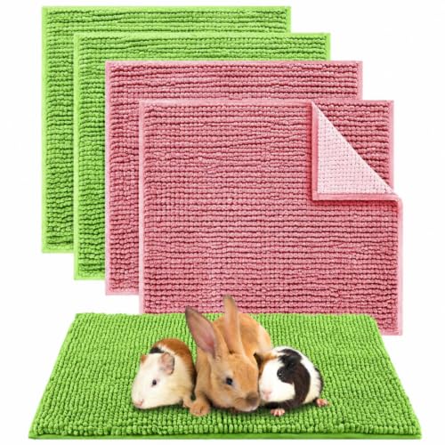 4 Pcs Guinea Pig Cage Liner 12 x 12 Inch Washable Chenille Pee Pads Pet Dog Cat Bedding Training Mat Reusable for Small Animals Puppy Bunny Hamster Chinchilla - color: Green Pink, size: 12 x 12 Inch, style: Low Pile Chenille