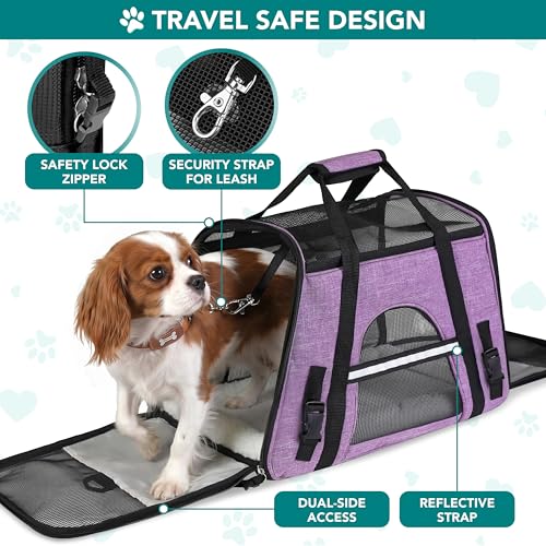 PetAmi Airline Approved Pet Carrier Cats & Small Dogs, Small Heather Purple | Soft Sided TSA Travel Bag, Sherpa Bed, Breathable Mesh Ventilation, Collapsible Bowl, Fits Under Seat, Up to 18 lbs - color: Heather Purple, size: Small - 17"L x 10.2"W x 11.2"H
