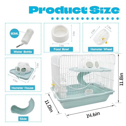 2-Tier Portable Hamster Cage and Habitats,Travel Metal Mouse Cages with Free Water Bottle,Houses and Exercise Wheel for Any Breed of Hamster and Small Animal (14.6x11.0x11.8inch Light Blue) - color: 【Light Blue】