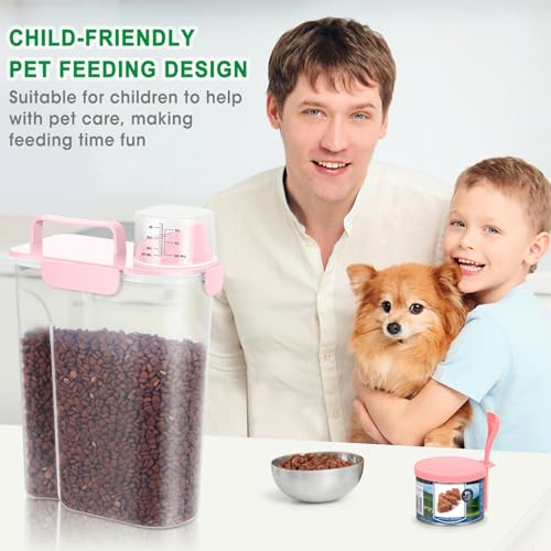 Pet Dog Cat Food Storage Container 5 to 7 lbs with Can Cover and Mixing Spoon, Airtight Pet Food Storage Dispenser with Large Spout & Measuring Cup for Kibble Dog Treat Bird Seed Container -Pink - color: Pink 6Qt