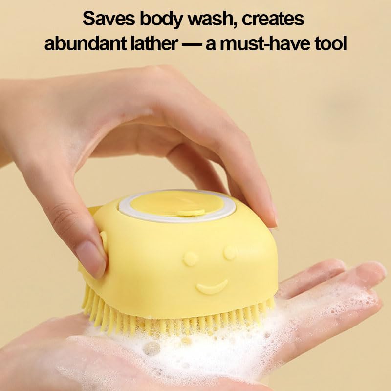 Pet Grooming Bath Massage Brush with Built-in Shampoo Dispenser & Hanging Rope, Soft Bristles for Long Short Haired Dogs Cats Shower Gentle Cleaning and Massage, Yellow