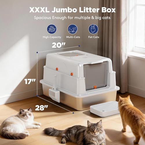 FURTIME XXXL Extra Large Enclosed Stainless Steel Litter Box with Lid | Large Enclosed Cat Litter Box for Big Cats, Metal Cat Box with High Sided Enclosure & Scoop, Silver - color: Silver, size: XXX-Large