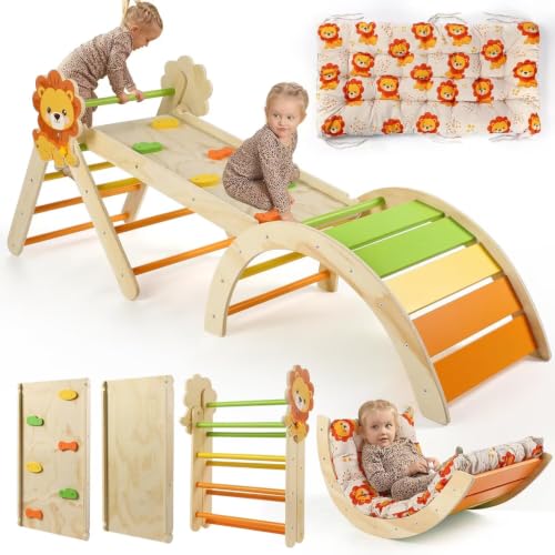 Pikler Triangle Set with Cushion, 7 in 1 Toddler Climbing Toys Indoor | Foldable Space-saving Design, Montessori-inspired Learning, Reversible Slide & Ramp, ASTM F963 Standards for Toddlers 18M-5Y - color: Lion