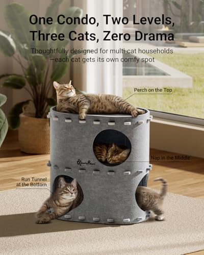 DownyPaws Cat House for Indoor Cats, 2-Storey Cat Bed Cave, Light Gray | Cat Hideaway Enclosed Bed,Cave Hideout Fort, Kitten Houses for Large Cats,Hide Box Bed Multicats Scratch Resistant - color: Light Gray, size: Double