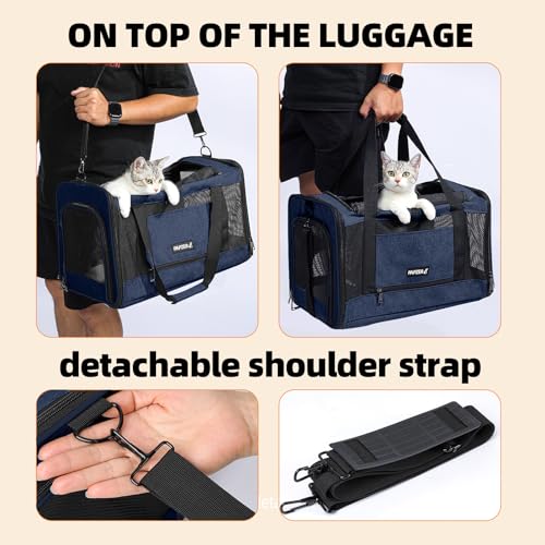 Cat Carrier Soft-Sided Travel Bag for Medium to Large Cat Over 15lbs | Small Puppy Dog Carry Crate 12 Pounds, Top Entry, Breathable Mesh, Pet Kitten Rabbit Cage Bag Transport Kennel Collapsible - color: Navy