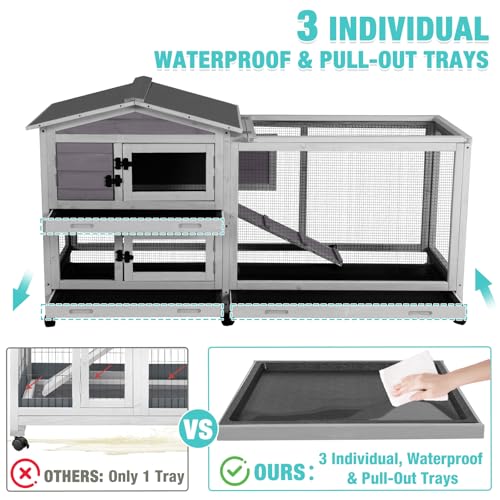 Suumerpety 62" Rabbit Hutch with Chew-Proof Ramp & Waterproof Roof - Indoor/Outdoor Bunny Cage, 2-Story Design, 6 Lockable Caster Wheels & Dual Pull-Out Trays (Grey) - color: (Grey)
