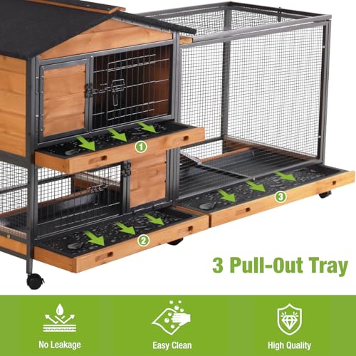 GUTINNEEN 60.8 in Rabbit Hutch with Wheels, 2-Level Wooden Small Animal Cage with 6 Lockable Doors, 3 Compartments & Pull-Out Trays, Indoor Rabbit Enclosure - color: Orange