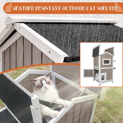 Outdoor Cat House Weatherproof Cats Shelter for Feral Kitten Pet Houses for 1-2 Small Animlas 2 Story Wooden Houses for Indoor Outdoor Cats with Escape Doors (23.5" L x 27" W x 38" H Grey) - style: 23.5"L x 27"W x 38"H GREY