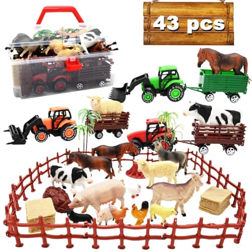 Kimicare 3 Pack Farm Toy Tractor with 40pcs Plastic Farm Animals Figurines and Fence Farm Playset, Farm Figures Farmer Vehicle Toy Truck with Trailer Birthday Gifts Christmas Stocking Stuffers - style: Farm Animals Figures
