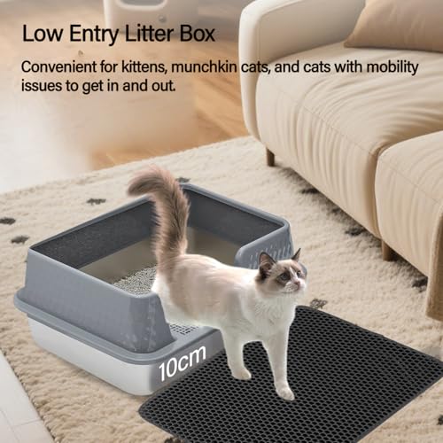 Stainless Steel Litter Box with Lid Cover Mats Scooper, Kitten Litter Box Low Entry, Suitable for Small Space Senior Cats, Side Entry, Grey Enclosure - size: Medium