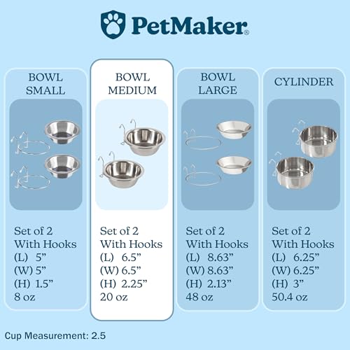 Set of 2 Stainless-Steel Dog Bowls - Cage, Kennel, and Crate Hanging Pet Bowls for Food and Water - 20oz Each and Dishwasher Safe by PETMAKER,Silver