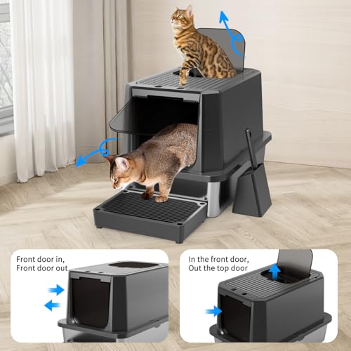 RIZZARI Stainless Steel Cat Litter Box with Dual Exit & Flip Top | Dual Entry Exit & Top / Stainless No Odor / Litter Catch Pedal / Enclosed or Open / Easy Clean Tool-Free / Cats & Apartments - color: Solid Black