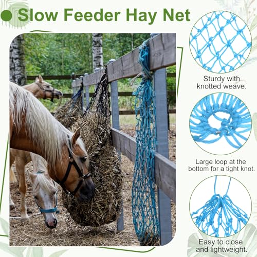 Slow Feeder Hay Net, 40" Length 2" Holes Strong Load-Bearing, Nylon Slow Feed Bag Hay Feeder, (Lake Blue, 2 Pcs), Intended for Horses/Goats/Trailer/Stall - color: Lake Blue