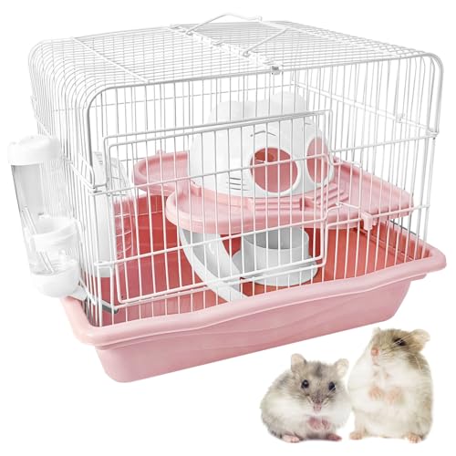 PINVNBY Dwarf Hamster Cage, Small Animal Cages, 2-Tier Travel Portable Mouse Cage Hamster Carrier with Castle House Running Exercise Wheels, Water Bottle and Food Dish（Pink） - color: Pink, size: L: 13.78x10.23x11.02in