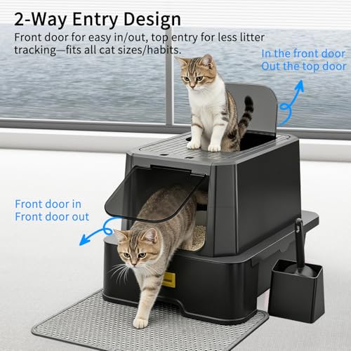 RIZZARI Large Covered Litter Box Indoor: Drawer Tray Top Exit Odor Spray | 304 Stainless Steel Pan / Pull-Out Cleaning Drawer / Textured Lid Anti-Tracking / Front Door & Top Hole / Modern Home Design - color: Carbon black